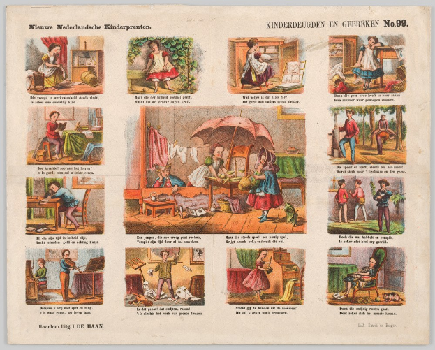 Ein altes Buch mit Illustrationen von Kindern, die im Freien spielen