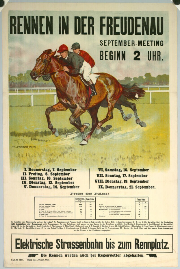 Plakat, das ein Pferderennen in Deutschland ankündigt, mit zwei Reitern auf Pferden im Vordergrund und Bäumen im Hintergrund sowie Text, der Renninformationen enthält.