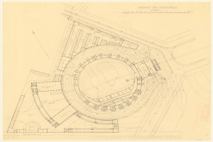 Schwarz-weißer Architekturplan eines Stadions mit umliegenden Gebäuden, beschriftet als der vorgeschlagene Standort für die neue Sporthalle in London.