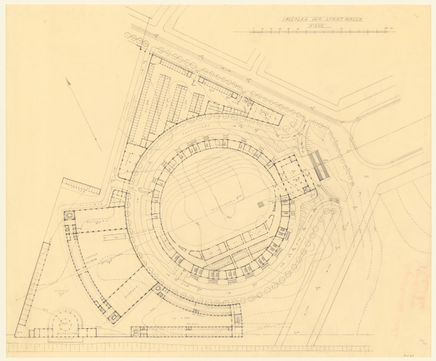 Schwarz-weißer Architekturplan eines Stadions mit umliegenden Gebäuden, beschriftet als der vorgeschlagene Standort für die neue Sporthalle in London.