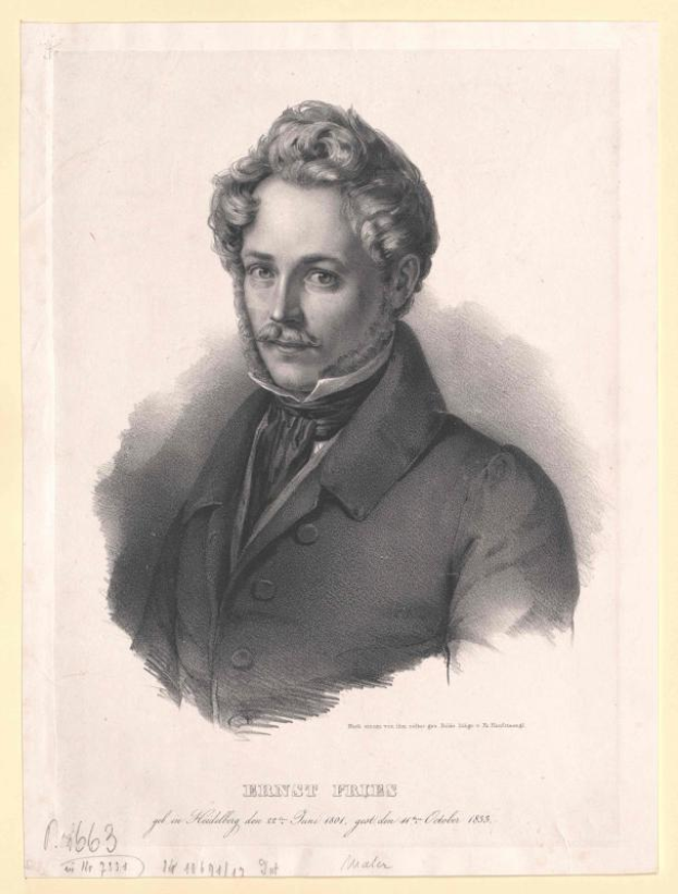 Schwarze und weiße Zeichnung von Ernst Frühls, einem deutschen Komponisten und Pianisten, der einen Anzug trägt und einen ernsten Gesichtsausdruck hat, mit deutschem Text unten.