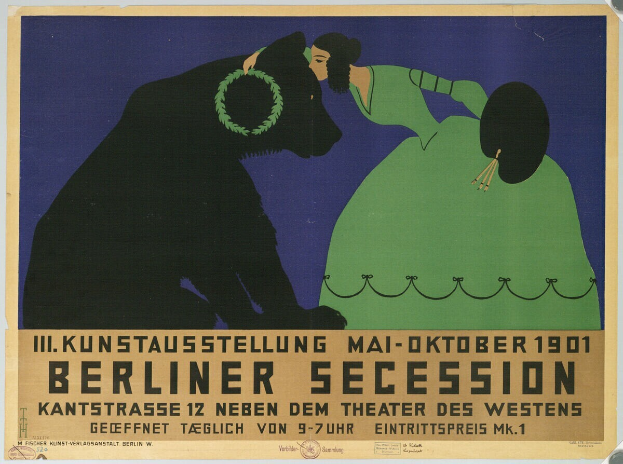 Ein Plakat der Berliner Secession mit einer Frau in einem grünen Kleid und einem Mann in einem schwarzen Anzug, mit Text, der das Ereignis beschreibt.