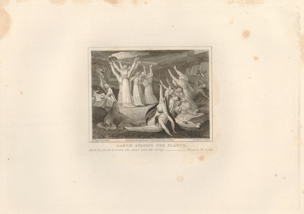 Schwarz-weißer Kupferstich mit dem Titel "Aaron Staying the Plague", der verstörte Menschen in einem Feld unter einem tiefblauen Himmel mit einer untergehenden orangefarbenen Sonne zeigt.