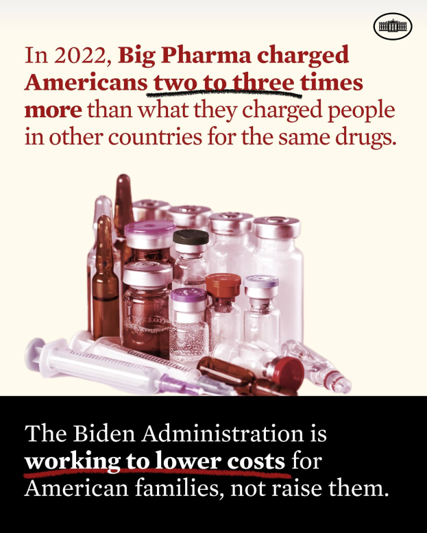 Ein Plakat mit der Aufschrift "Im Jahr 2022 verlangte Big Pharma von Amerikanern zwei bis drei Mal so viel wie von Menschen in anderen Ländern für dieselben Medikamente" unten, mit ein paar Flaschen und einer Spritze.