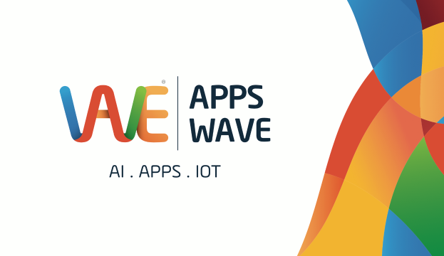 Ein farbenfrohes Design auf der rechten Seite mit den Worten "AI, Apps, IoT" darauf gegen einen weißen Hintergrund.