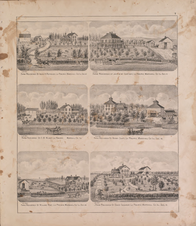 Ein altes Buchblatt mit einer Zeichnung eines Bauernhofs, umgeben von Häusern, Bäumen, Pflanzen, Gras und einer bewölkten Himmel, mit der Aufschrift "Bauernhof von John M Cartney, La Prairie Marshall Co, Inc."
