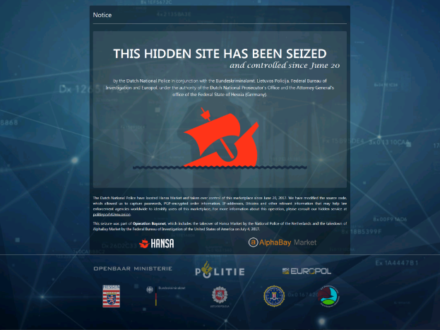 Ein Computerbildschirm mit einer Nachricht, die in fetter, schwarzer Schrift mit weißer Umrandung und einem Logo der niederländischen Nationalpolizei mit einem blauen Schild und einem weißen Stern in der Mitte lautet: "Diese verdeckte Website wurde beschlagnahmt."