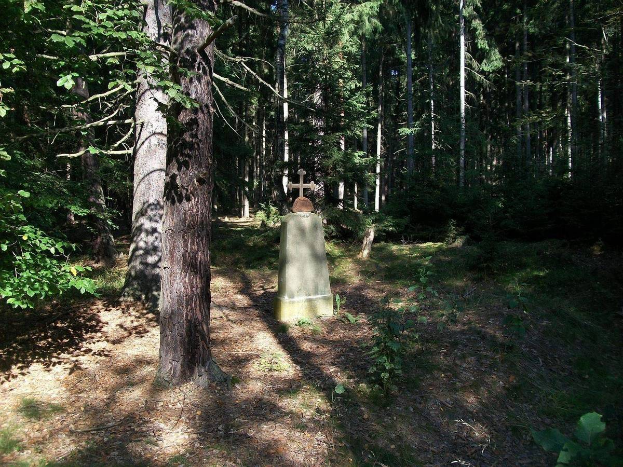 Ein Grab mit einem Kreuz im Wald, umgeben von Bäumen und Pflanzen, das mutmaßlich die Ruhestätte eines Mannes ist, der bei einem Autounfall ums Leben kam.