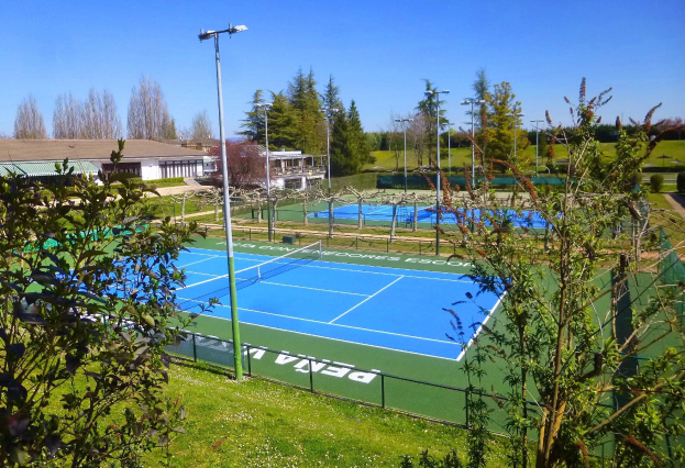 Ein Tennisplatz mit Netz in der Mitte, umgeben von grünem Gras, B├Ąumen, Geb├Ąuden und Laternen unter einem klaren blauen Himmel.