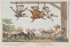 Ein Papier mit einer Zeichnung von Menschen und Tieren, darunter ein Hund, der an einem Holzpfahl hängt, mit begleitendem Text, der wahrscheinlich auf eine Hundegebühr Bezug nimmt.