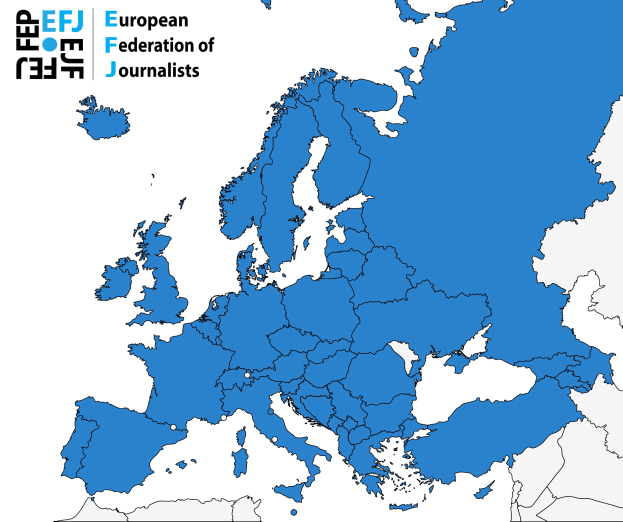 Eine Europakarte mit der Europäischen Journalisten-Föderation (EFJ) in Blau hervorgehoben, begleitet von erklärendem Text.