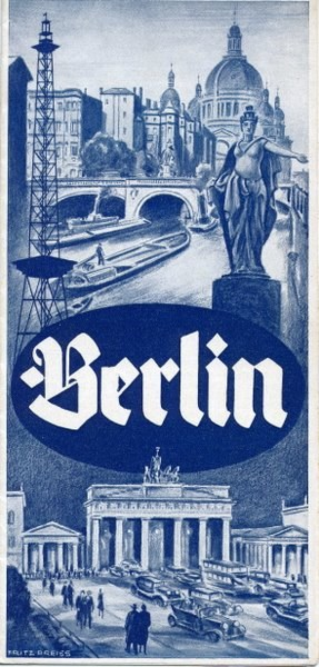 Plakat, das Berlin, Deutschland, zeigt, mit einer Statue, Geb├Ąuden, einem Turm, Menschen, Fahrzeugen auf der Stra├če, einer Brücke und Text, der Stadtinformationen bereitstellt.
