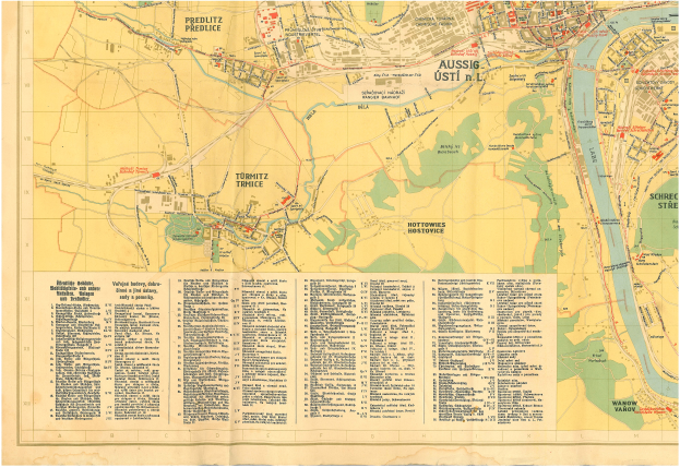 Ein detaillierter alter Stadtplan von Stuttgart, Deutschland, der Straßen, Gebäude, Parks und Sehenswürdigkeiten mit beschreibendem Text zeigt.