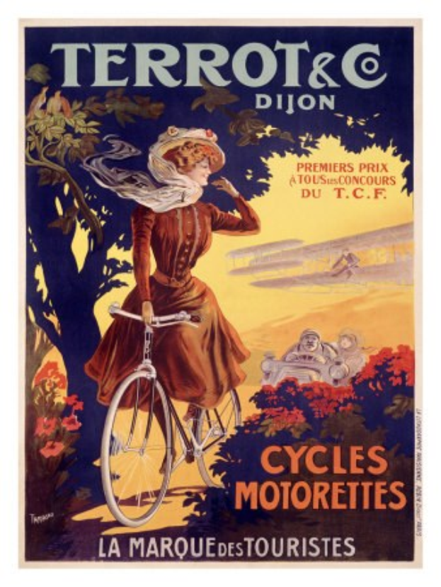 Ein Plakat, das eine Fahrradtour in Frankreich ankündigt und eine Frau zeigt, die auf einem Fahrrad zwischen Bäumen, Blumen und anderen Radfahrern fährt, mit Text, der die Tour beschreibt.