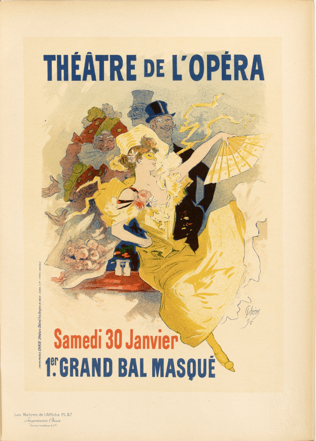 Ein Plakat für das Théâtre de l'Opéra in Paris, das eine Frau in einem weißen Kleid mit einem blauen Schultertuch zeigt, deren Haar zu einem Dutt gebunden ist, vor einem tiefblauen Hintergrund mit Sternen und der schwarzen Großbuchstaben-Schrift "Theater der Oper"