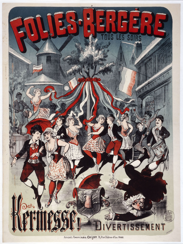 Plakat für das Folies-Bergère-Festival in Paris, Frankreich, mit einer Gruppe tanzender Menschen im Vordergrund und Gebäuden, Flaggen und einem Baum im Hintergrund sowie französischem Text oben und unten.