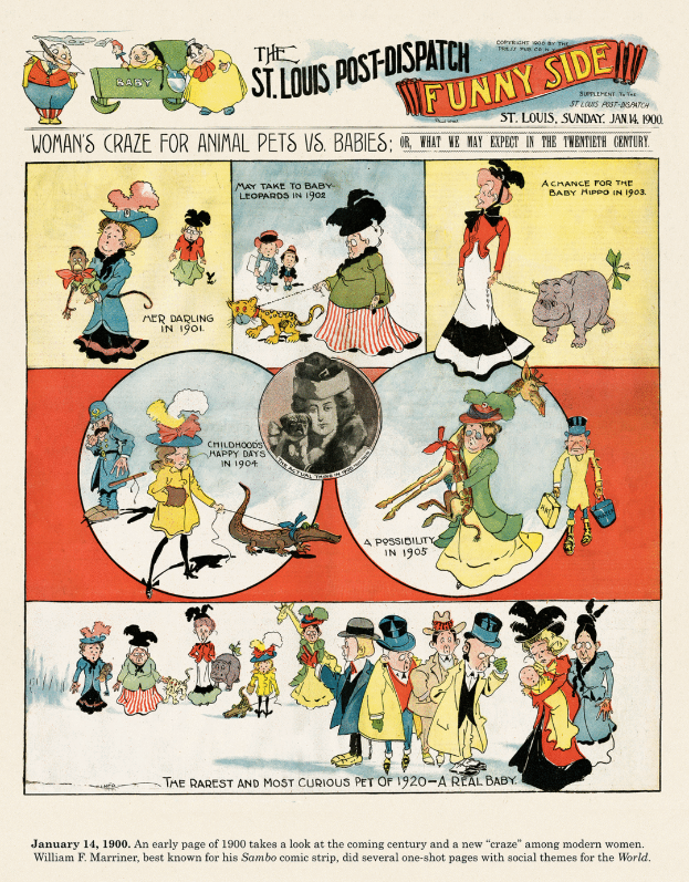 Eine Zeitungsseite aus der St. Louis Post-Dispatch Funny Side, die farbenfrohe, humorvolle Illustrationen von Menschen, Tieren und Gegenständen zeigt, mit verspieltem Text in einer verspielbaren Schrift.