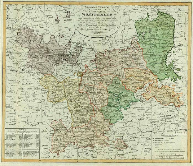 Alte Deutschlandkarte mit hervorgehobenen Provinzen Westfalens, gerahmt und mit beschriftendem Text.