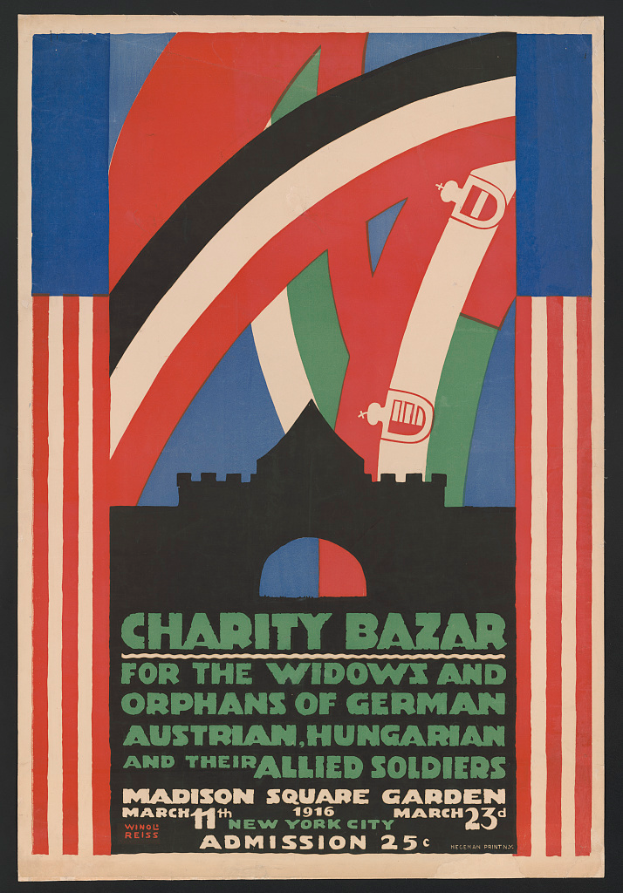Plakat für eine Wohltätigkeitsbasar zugunsten der Witwen und Waisen deutscher, australischer, ungarischer und alliierter Soldaten, mit Text zur Ereignisinformation.