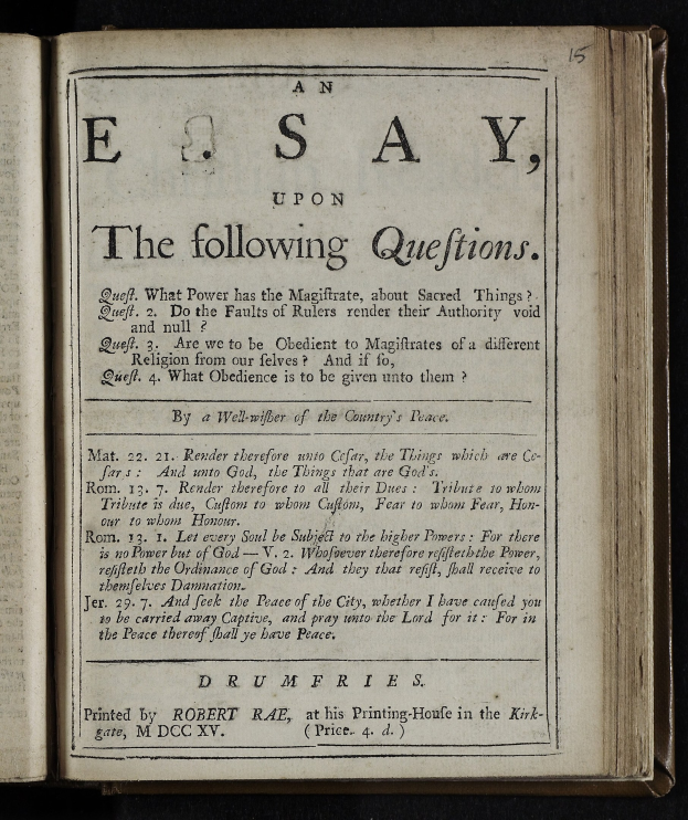 Offenes Buch mit "an essay upon the following questions"-Text auf schwarzem Hintergrund.