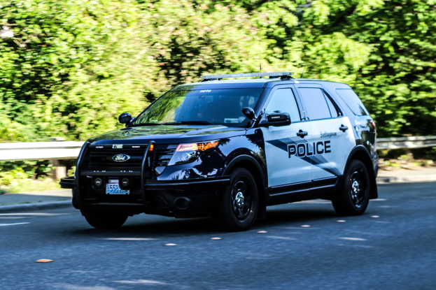 Ein Polizeiauto fährt auf einer Straße mit Bäumen im Hintergrund, auf dessen Seite Text und Zahlen zu sehen sind, mit einem sichtbaren Rad.