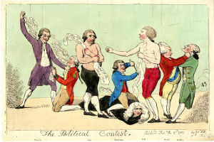 Eine politische Karikatur, die eine Gruppe von Menschen in verschiedenenfarbigen Kleidern zeigt, wobei eine Person in der Mitte auf dem Boden liegt und der Text "Der politische Wettbewerb" unten steht.