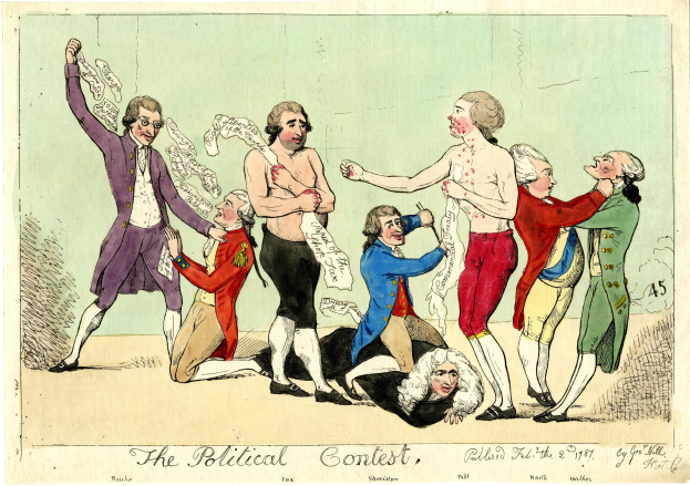 Eine politische Karikatur, die eine Gruppe von Menschen in verschiedenenfarbigen Kleidern zeigt, wobei eine Person in der Mitte auf dem Boden liegt und der Text "Der politische Wettbewerb" unten steht.