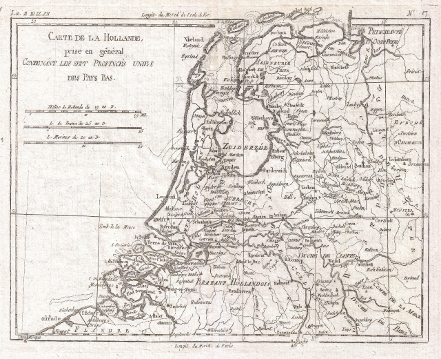 Alte Karte der Niederlande, die Provinzen Holland und die Niederlande hervorhebt, mit handgeschriebenem Text auf altem Papier.