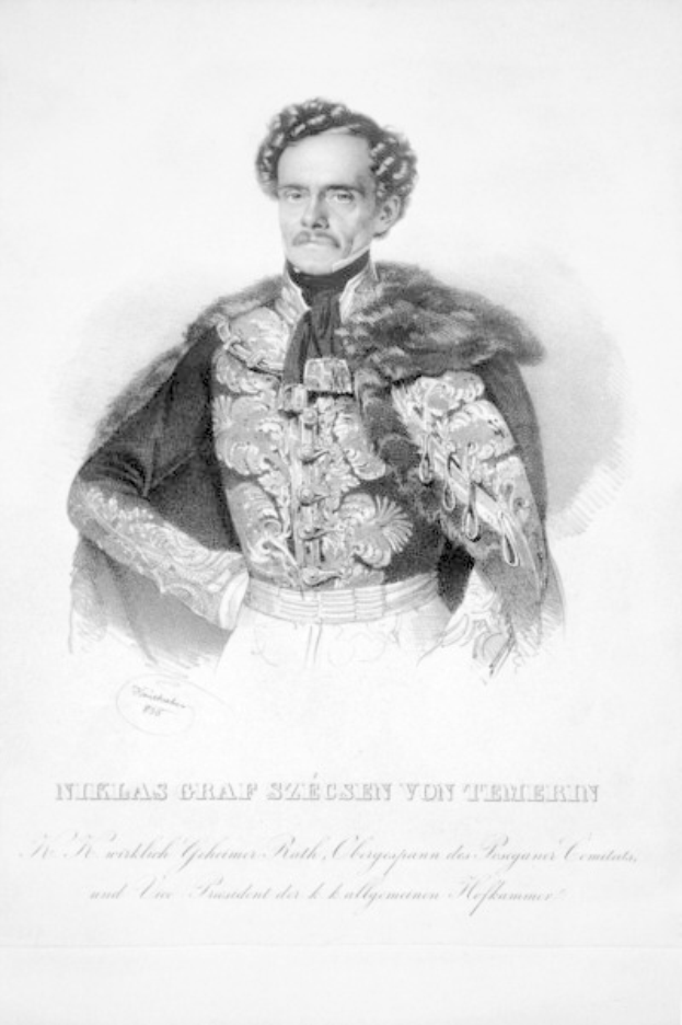 Eine Schwarz-Weiß-Zeichnung eines Mannes in militärischer Uniform, identifiziert als Niklas Graf Szecheny von Temerin, der Kaiser von Deutschland, mit einem strengen Gesichtsausdruck und detaillierten Mantel Details, mit deutscher Schrift am unteren Rand.