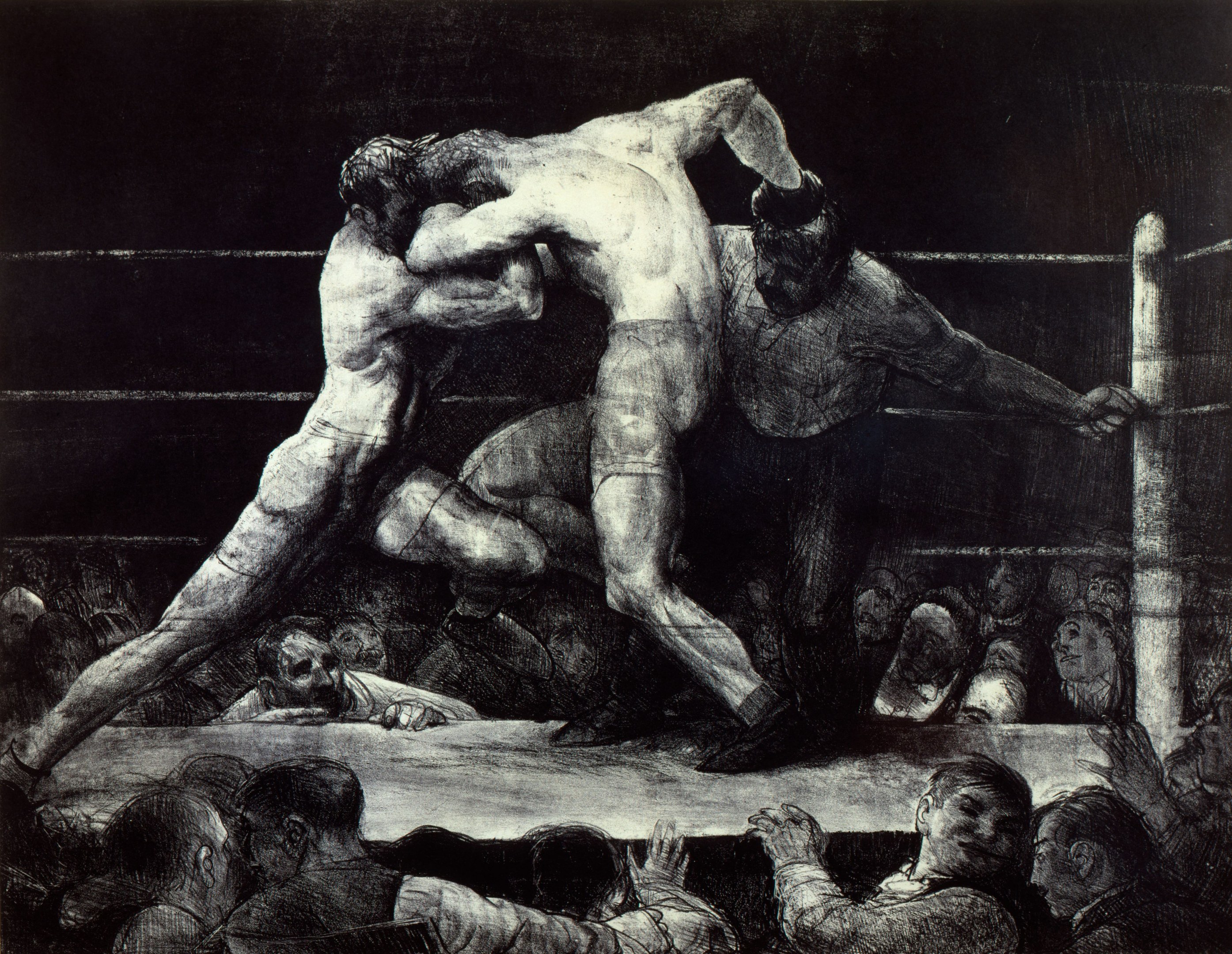 Schwarz-weiß-Zeichnung von zwei Boxern im Ring, die sich gegenseitig mit Faustschlägen traktieren, während eine jubelnde Menge zusieht.