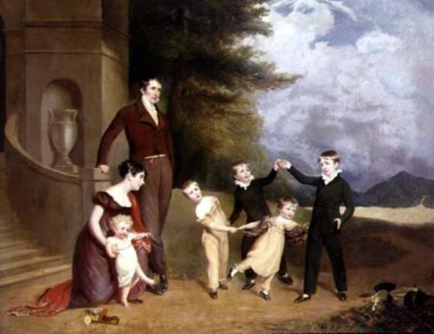 Ein Gemälde einer Familie, die vor einem Gebäude mit einer Treppe auf der linken Seite posiert, mit Bäumen, Hügeln und Wolken im Hintergrund und der Inschrift "William Hogarth's Family" unten.