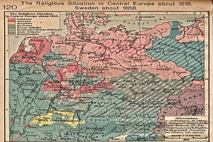 Historische Karte von Mitteleuropa aus dem Jahr 1618, die die religiöse Landschaft der Region detailliert abbildet.