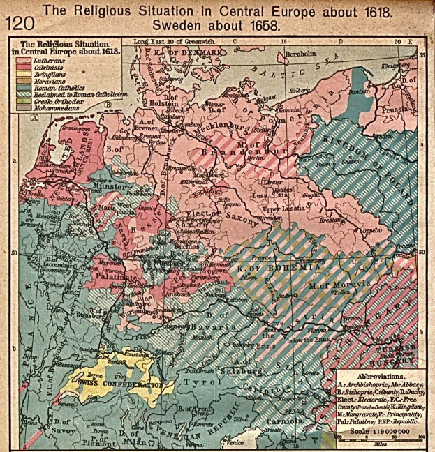 Historische Karte von Mitteleuropa aus dem Jahr 1618, die die religiöse Landschaft der Region detailliert abbildet.