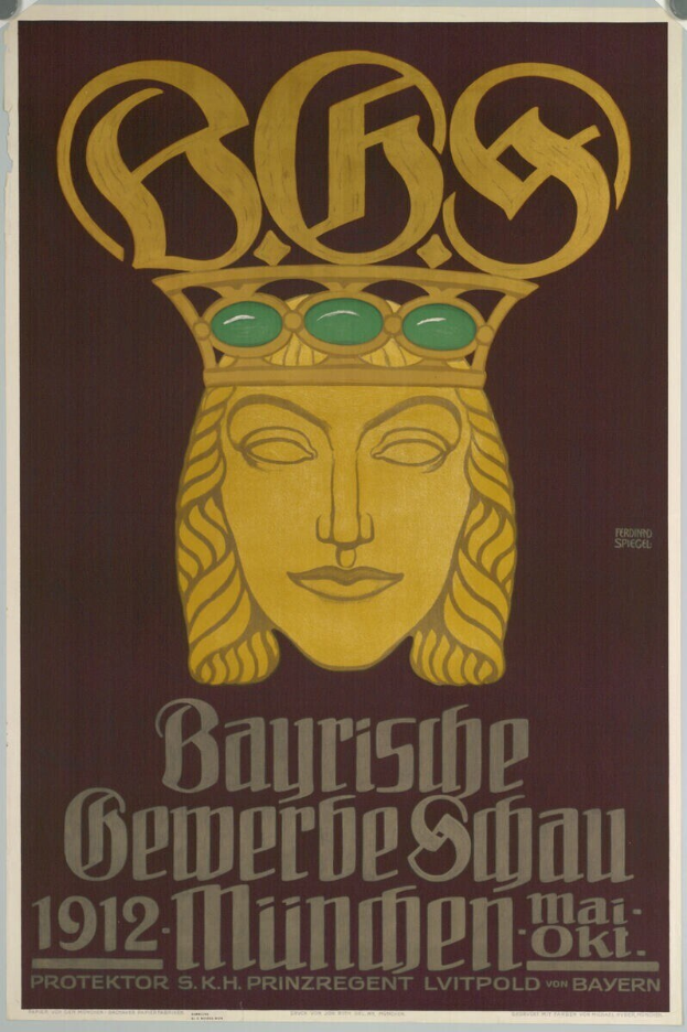 Plakat für das Bayerische Bierfest in München, Deutschland, mit einem gekrönten Gesicht umgeben von Text.