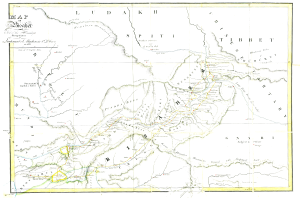 Eine Karte des britischen Empire aus dem 19. Jahrhundert, die die Himalaya-Gebirge hervorhebt und mit detaillierten Textanmerkungen versehen ist.