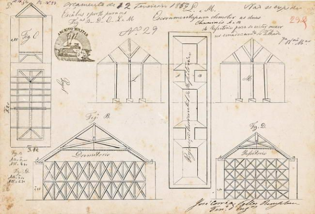 Architektonischer Planentwurf eines Hauses mit detaillierten Zeichnungen und Text auf Papier.