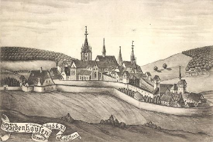 Ein Schwarz-Weiß-Zeichnung einer Stadt mit einem zentralen Schloss, umgeben von Häusern, Bäumen, Hügeln und Himmel, mit dem Text "Bayerisch" unten.