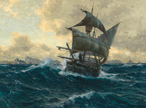 Ein Gemälde namens "Das Piratenschiff" von Edward Henry Potthast, das ein Piratenschiff auf dem Meer mit Menschen an Bord zeigt, umgeben von Felsen und einem bewölkten Himmel.