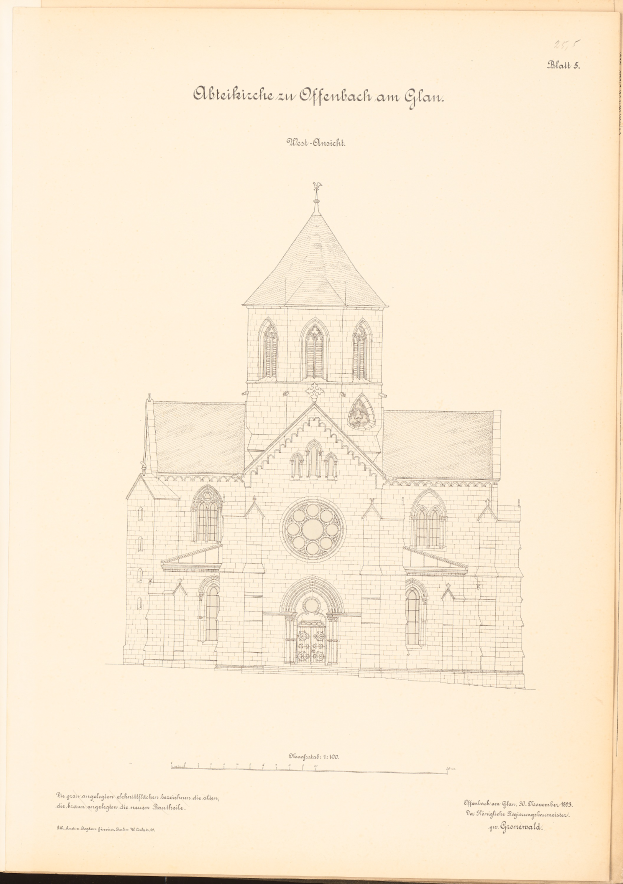 Ein altes Buch mit einer detaillierten Zeichnung einer Kirche, einschließlich ihrer Fenster, Türen und anderer Merkmale, mit Text, der weitere Informationen zur Kirche liefert.
