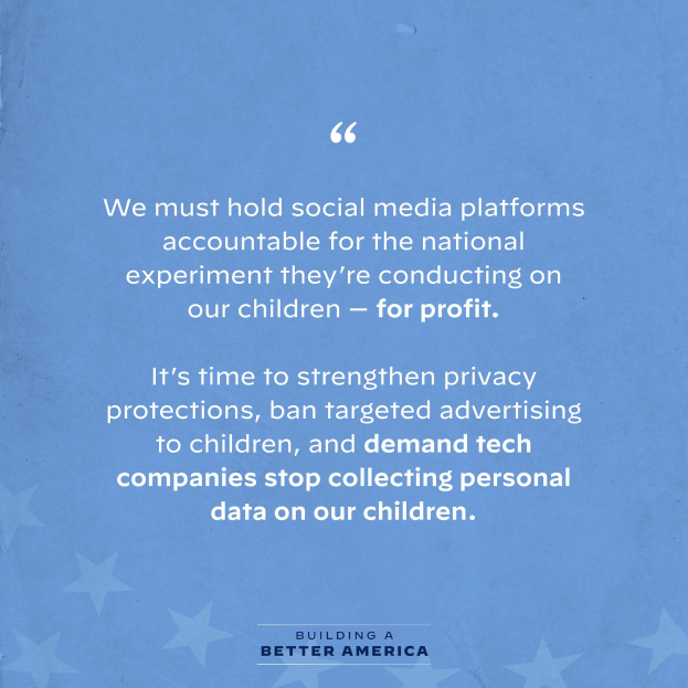 Ein Plakat mit einem Zitat aus Building a Better America, das besagt, "Wir müssen die sozialen Medien-Plattformen für das nationale Experiment zur Rechenschaft ziehen, das sie an unseren Kindern durchführen - zum Profit.", dekoriert mit Sternen.