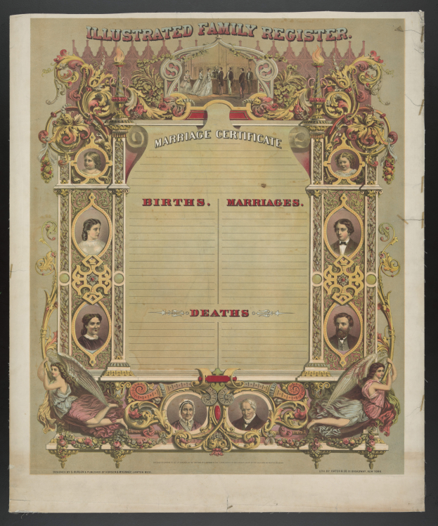 Ein illustrierter Familienstammbuch-Eintrag mit schwarzem Hintergrund, der Bilder von Menschen und den Text "Geburten, Hochzeiten, Tode" zeigt.