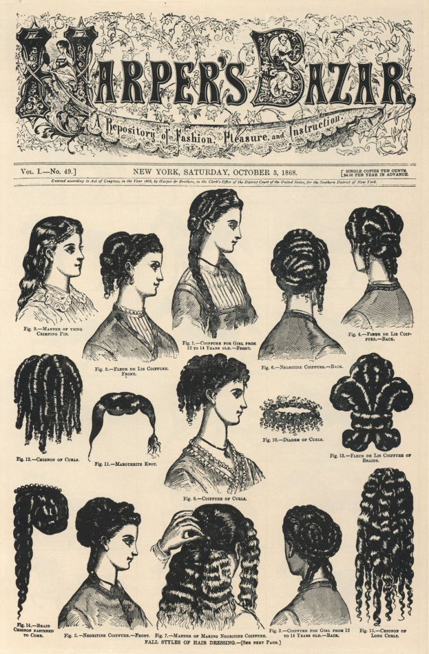 Schwarz-weiß-Kollage von Harper's Bazaar-Hairstyling-Illustrationen mit begleitendem Text auf altem Papier.