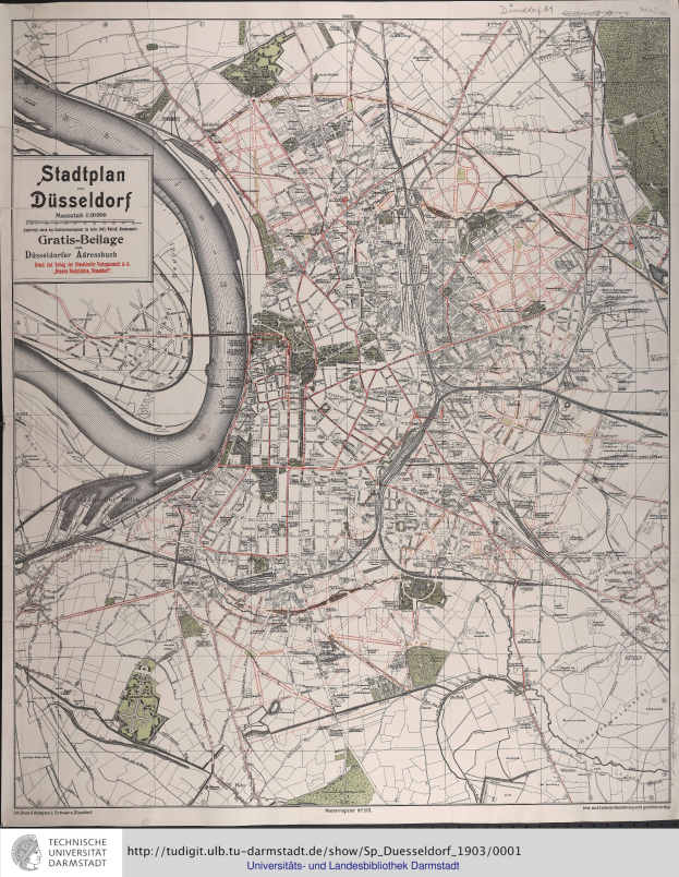 Ein detailliertes altes Stadtplan von Düsseldorf, Deutschland, der Straßen, Gebäude und Sehenswürdigkeiten zeigt, mit Texten, die zusätzliche Stadtinformationen bereitstellen.