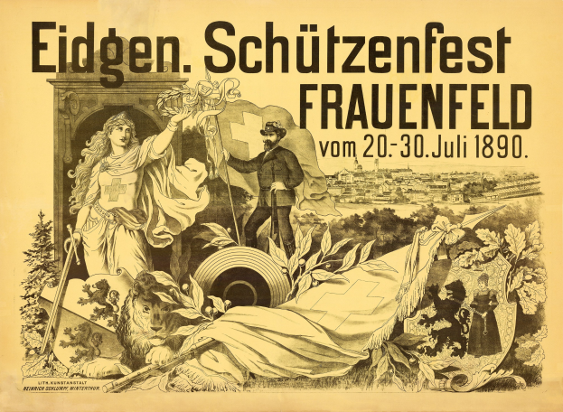 Alter Plakatentwurf für das Eidgenössische Schützenfest in Frauenfeld, Deutschland, mit einem Mann im Anzug und einer Frau in einem Kleid nebeneinanderstehend und Textdetails.