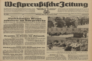 Alte deutsche Zeitungsvorderseite vom 13. November 1939 mit der Schlagzeile "Weitpreubliche Zeitung" und einem Foto von Menschen in traditioneller deutscher Tracht beim Feiern.