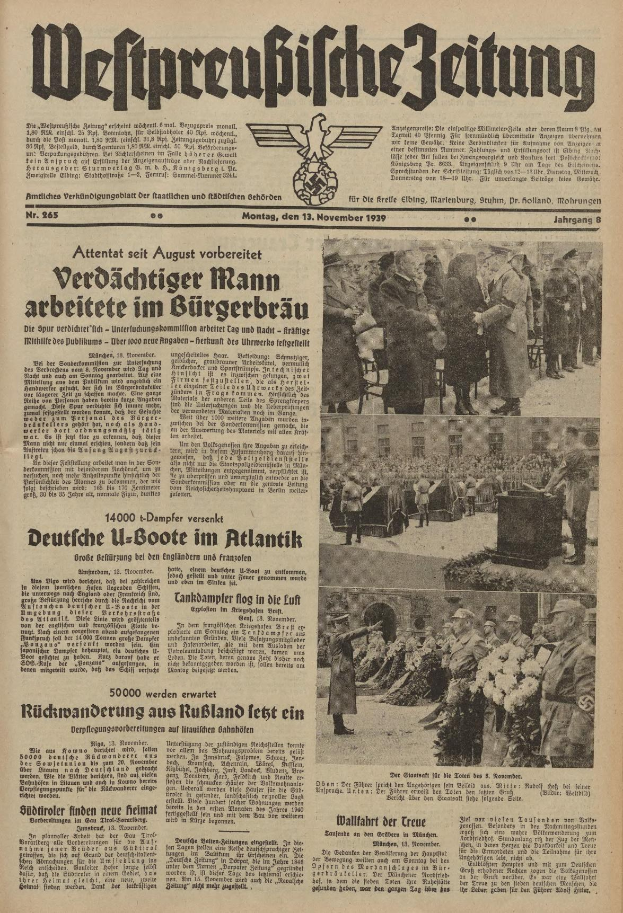 Alte deutsche Zeitungsvorderseite vom 13. November 1939 mit der Schlagzeile "Weitpreubliche Zeitung" und einem Foto von Menschen in traditioneller deutscher Tracht beim Feiern.