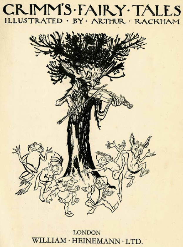 Zeichnung der Grimmschen Märchen von Arthur Rackham mit einem Baum und einigen Menschen drumherum, die eine zauberhafte Atmosphäre schaffen, mit dem Buchtitel oben und unten.