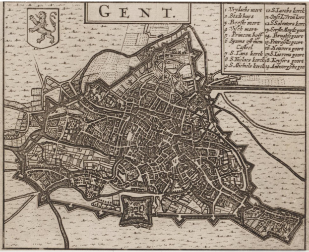 Ein detailliertes Stadtplan-Poster der Stadt Gent in Deutschland, das Stra├čen, Geb├Ąude und Sehenswürdigkeiten mit begleitendem Text und einem Logo zeigt.