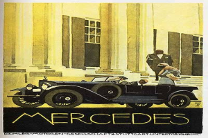 Vintage-Mercedes-Benz-Plakat aus den 1920er Jahren, das ein klassisches Auto zeigt, das vor einem modernen Glasgeb├Ąude mit zwei Personen im Auto geparkt ist, mit auff├Ąlliger schwarzer Schrift unten.