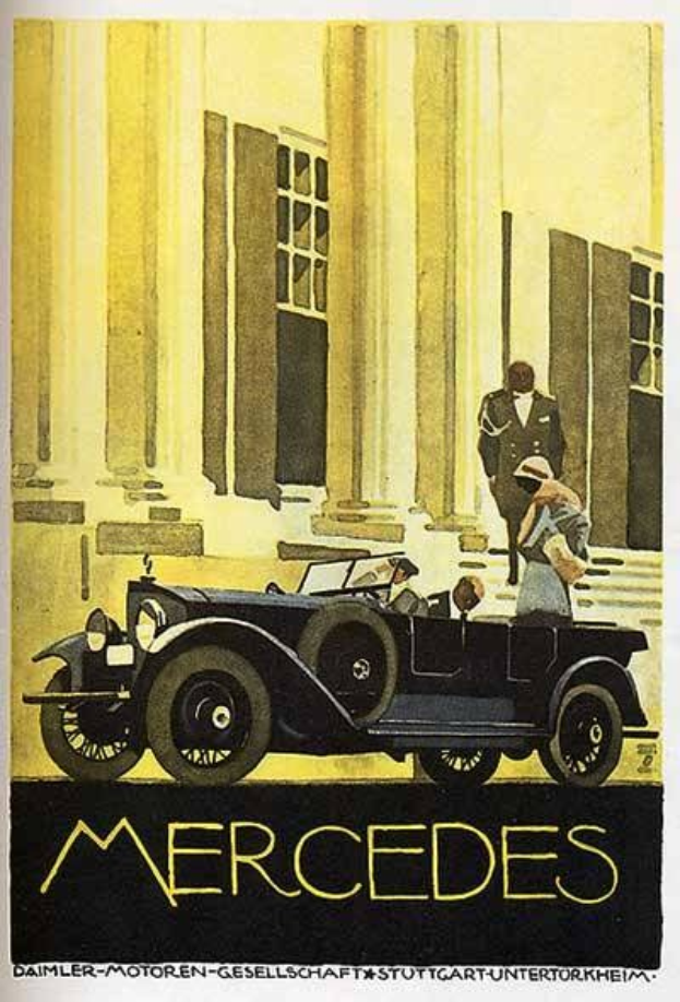 Vintage-Mercedes-Benz-Plakat aus den 1920er Jahren, das ein klassisches Auto zeigt, das vor einem modernen Glasgeb├Ąude mit zwei Personen im Auto geparkt ist, mit auff├Ąlliger schwarzer Schrift unten.